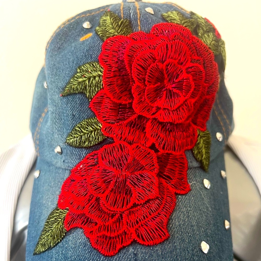 Embroidered Denim Cap with Red Roses
